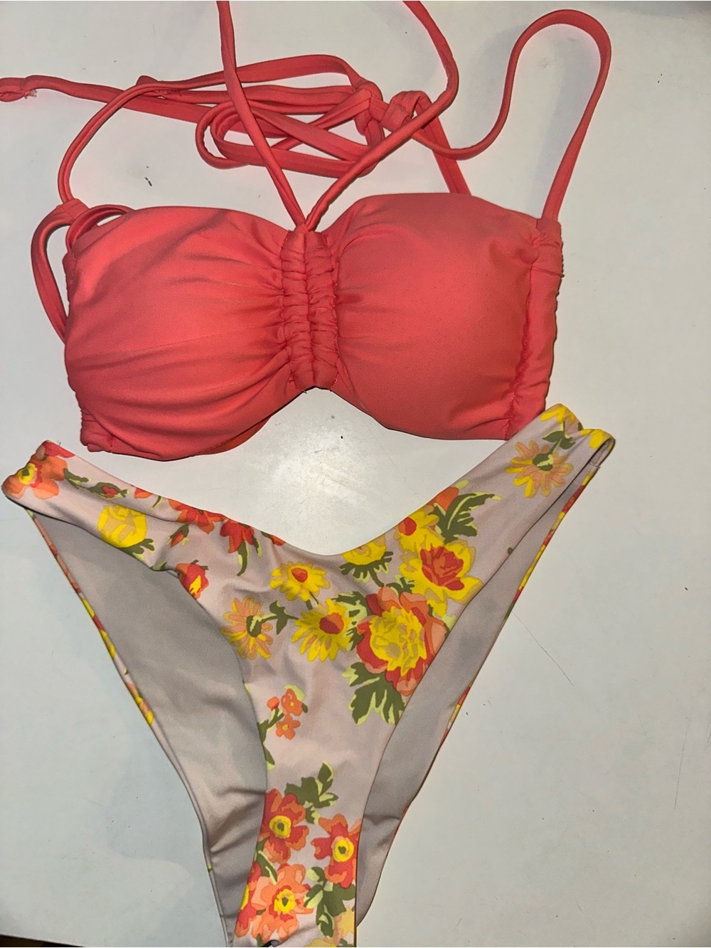 aerie Coral Bandeau Top with Light Floral Bikini Bottom